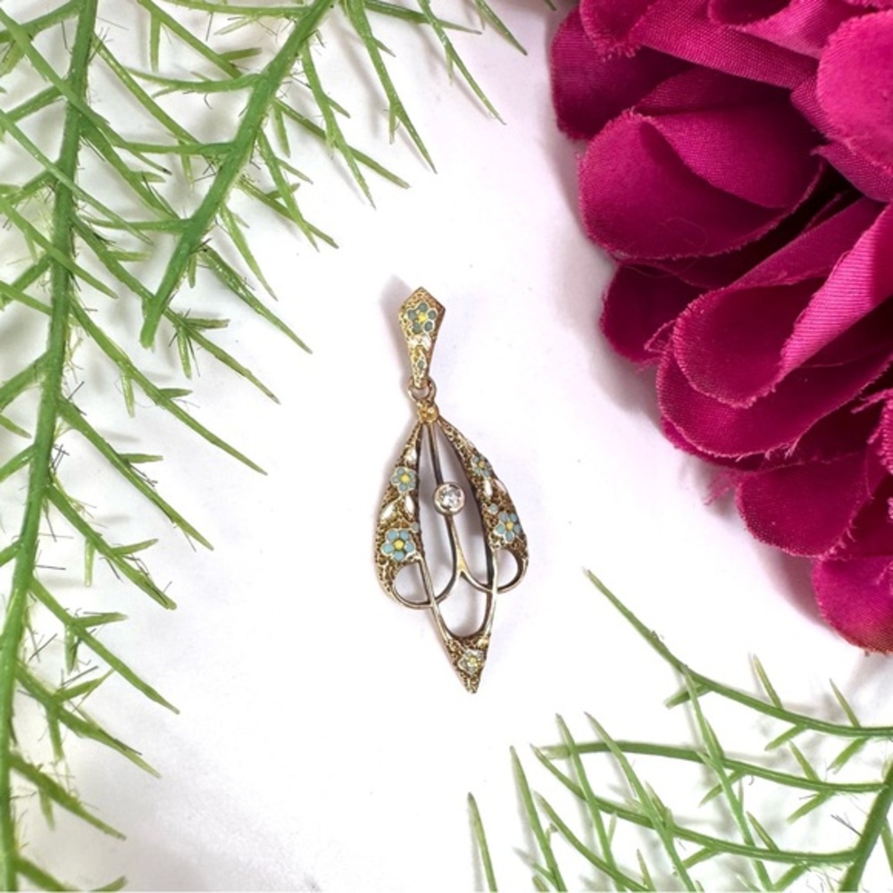 Vintage ⚜️ 14K Gold Enameled Art Nouveau Teardrop Pendant - Picture 1 of 12